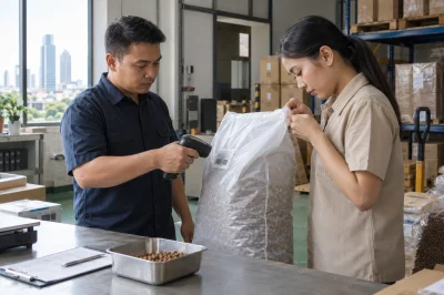 Petugas distributor Indonesia memeriksa segel kemasan dan sampel kibble di meja penerimaan gudang